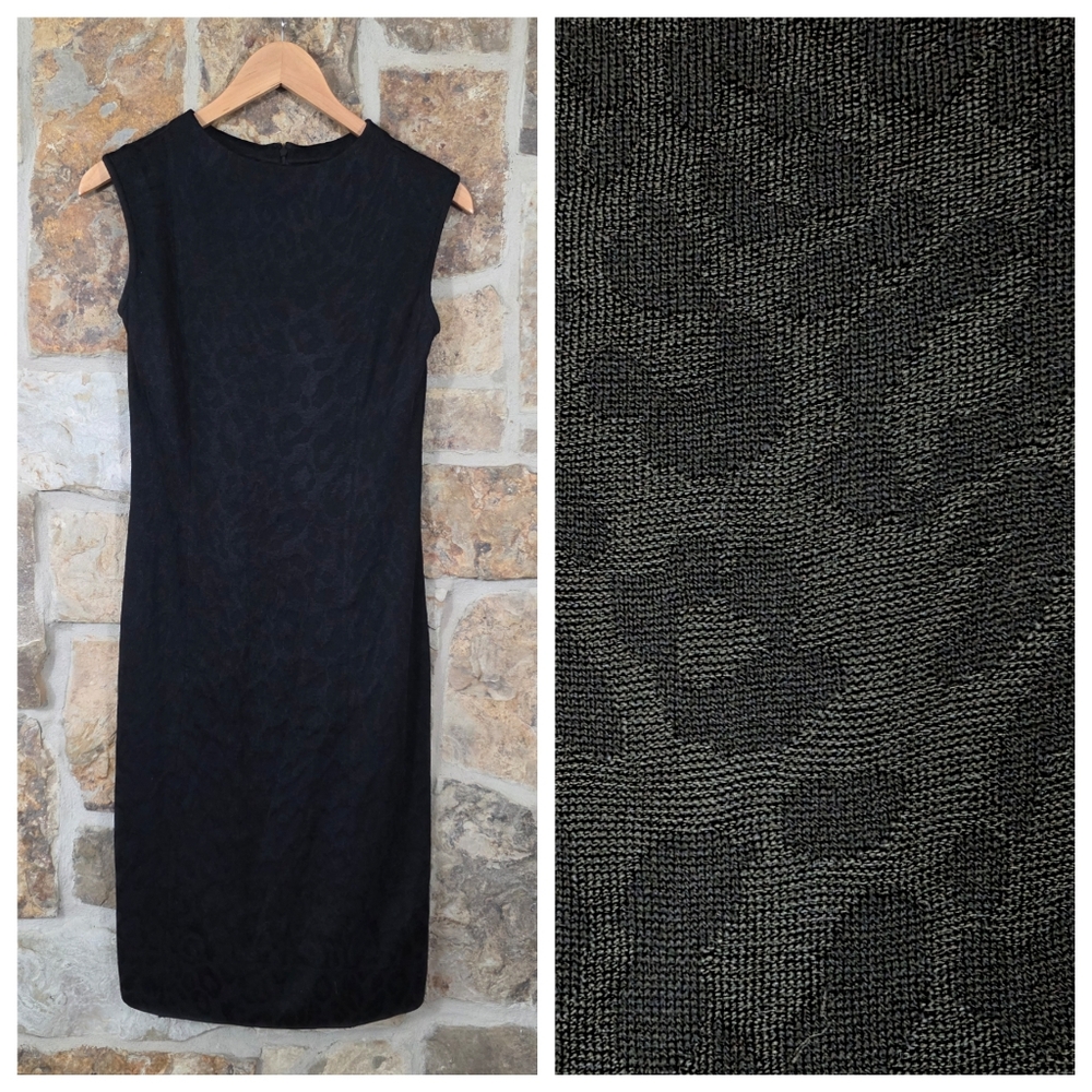 St John Caviar Leopard Wool Blend Knit Sleeveless Sheath Dress